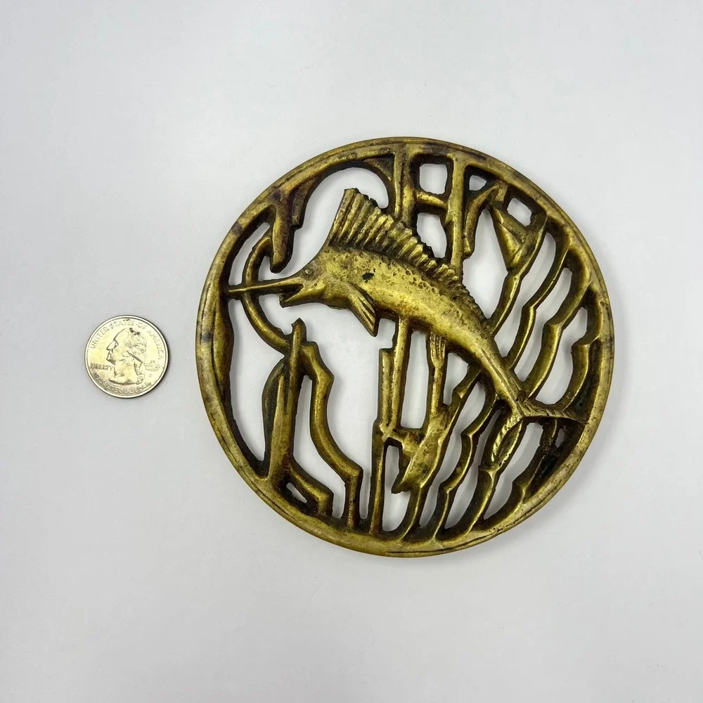 Vintage Brass Marlin Fish Trivet Wall Decor 4.75